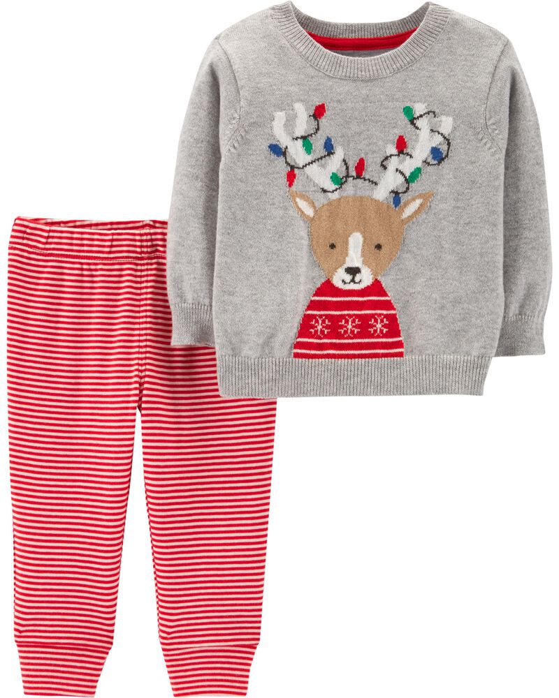 JEATHA Little Kids Boys Autumn Winter Christmas Outfit Deer Printed Shirt with Sweater Cardigan Coat and Pant Set